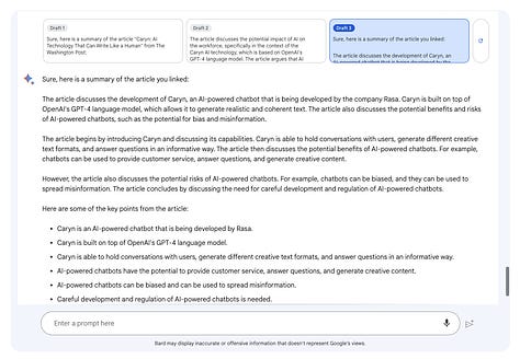 Screenshots of Bard attempting to summarize article about CarynAI