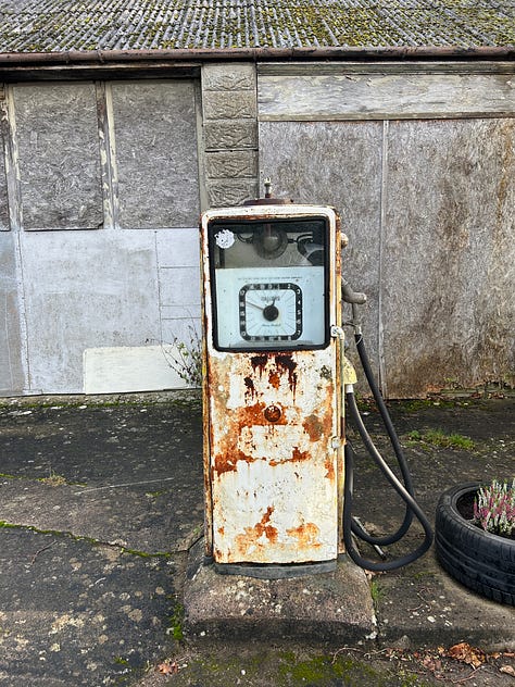 The abandoned petrol station of Dartmoor Garage, Common Hill, Steeple Ashton, Wiltshire. Three petrol pumps, one form 1930 are left to rot. Images: Roland's Travels
