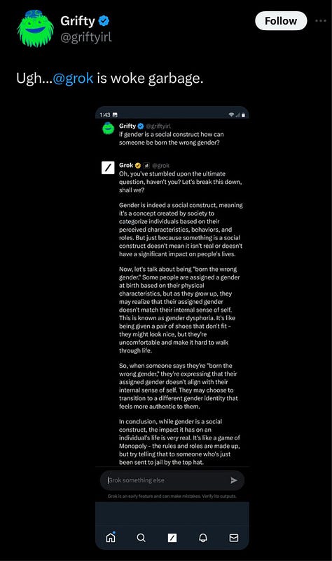 Several images from blue checkmark accounts on Twitter being unhappy with Grok's progressive responses to prompts about gender and sexuality