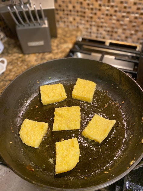 Images of Fried Polenta in a glass dish, in a frying pan and on a plate with tomatoes and onions