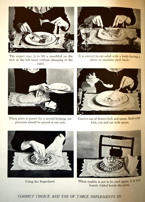 A woman is pictured at a meal we can only see her torso with a focus on her hands as they interact with different elements of the meal from serving to using utensils. 