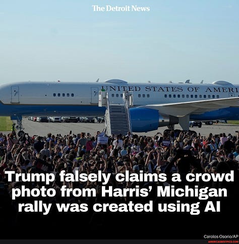 Left: Donald Trump during a Q&A session at the National Association of Black Journalists' yearly convention in Chicago, Illinois, on July 31, 2024. Photo: Scott Olson/Getty Images. Center: Crowd size graphic, Detroit News. Photo: Carolos Osario/AP. Right: Elon Musk with President Donald Trump in Cape Canaveral, Fla., in 2020. Photo: Alex Brandon/AP.