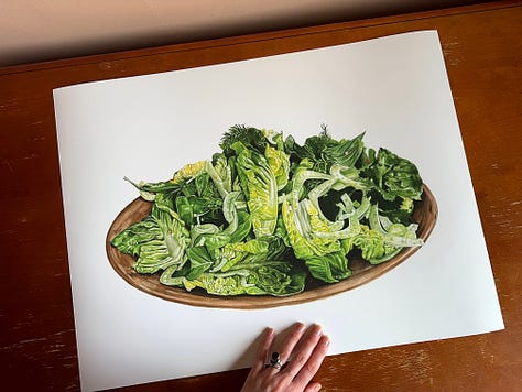 A 20x20" print of a painting of a slice of cake, a persian breakfast spread, and a salad with fennel and bibb lettuce