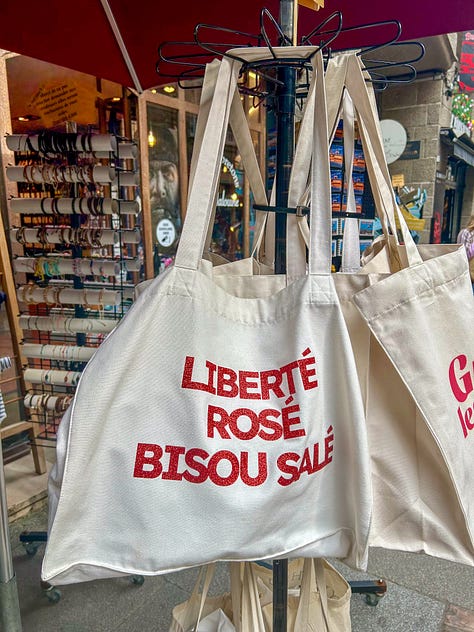 souvenirs, tote bags and signs in Saint Malo, France