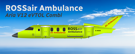 The current ROSSair Scotland fleet: 1) Aria T42 Transonic, 2) Aria T102 Transonic, 3) Aria V42 eVTOL, 4) Aria V42qc eVTOL Combi, 5) Aria V12c eVTOL Combi Air Ambulance, 6) ATR 42, 7) ATR 72, 8) Britten-Norman Islander, 9) de Havilland DHC-6 Twin Otter.