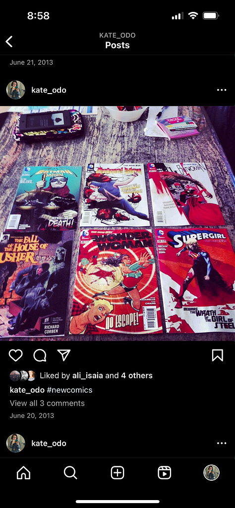 Three Instagram screengrabs from 2013. Each screengrab is of a highly-filtered Instagram post featuring an assortment of comic books.