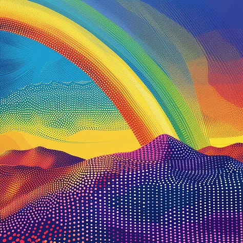 Microdot pixelated rainbows over colorful landscapes