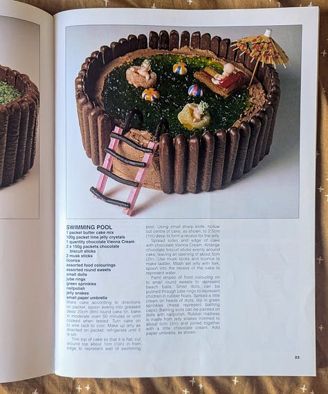 Two cookbooks and one recipe of a swimming pool cake