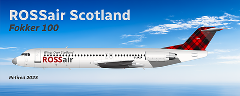 A selection of former ROSSair Scotland aircraft: 1) Fokker 100, 2) Dornier 328JET, 3) Dornier 328, 4) de Havilland DHC-8 Q200, 5) de Havilland DHC-8 Q300, 6) de Havilland DHC-8 Q400. 