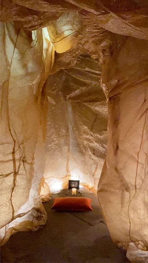 A large underground crypt transformed into an organ of healing via installation of waxed kraft paper environment and performances held in the space. 