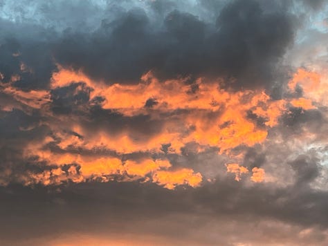 A gallery of 9 images that follow the development of golden light and intense orange and pink colours on beautiful cloud formations after the sun has set one day before the summer solstice in Scotland