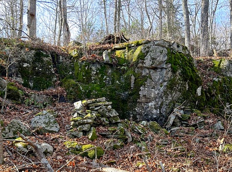 A stone construction in the woods against a cliffside.