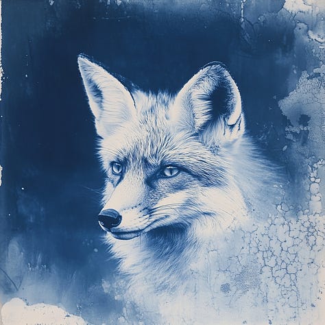 Fox, fruit basket, shooting stars, cyanotype in Midjourney