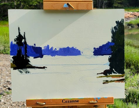 Three photos of the view that is being painted, the pencil sketch on the painting panel and the start of the painting in shades of blue