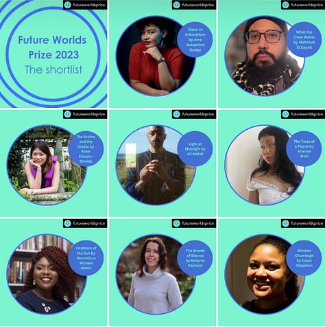 Turquoise images, the first with the words "Future Worlds Prize 2023, a photo of me and the name of my book (The Breath of Silence), plus a photo grid of the other finalists.