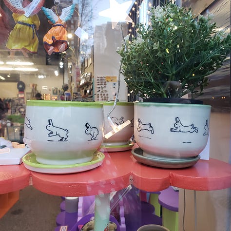 planters with bunnies pained on the sides