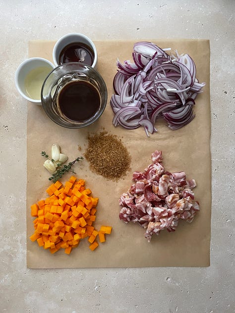 Bacon pumpkin and onions, sizzling in a copper sauteuse.