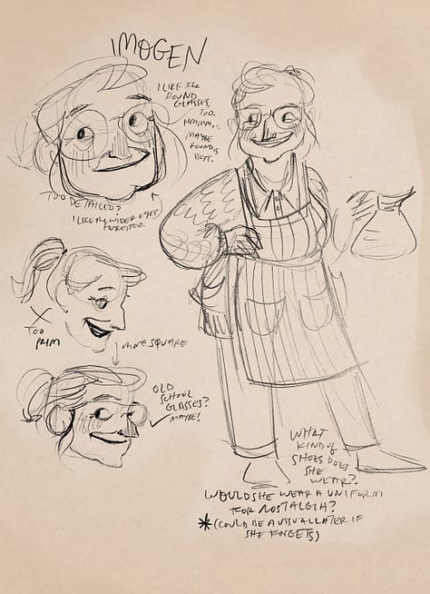 Sketches of the characters June and Imogen, showing various facial expressions, along with handwritten notes about things like which glasses shape to use, and which sketches worked better.