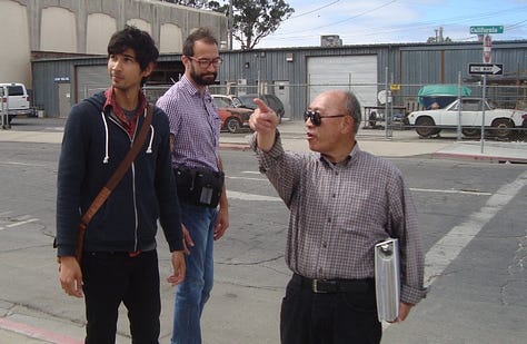 Three photographs featuring Salinas Chinatown historian Wellington Lee with a friend, archivists, and reporters.