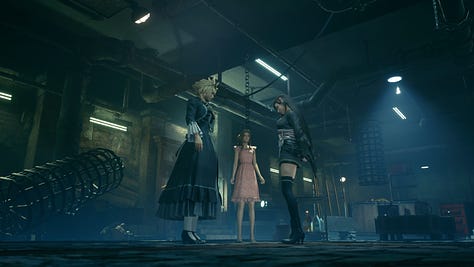 Resolution scenes with Barret, Tifa, and Aerith and all 9 Wall Market dresses for Cloud, Tifa, and Aerith.