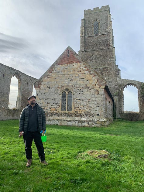 Three photographs of the ruin of Covehithe church. In the third photo, Ed is standing in front of the smaller church inside the ruin.