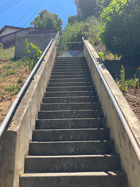 Images of a burtalist public starway in the Southern Hills neighborhood of Daly City/SF