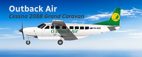 The current Outback Air fleet: 1) Bombardier DHC-8 Q400QCC Combi; 2) Bombardier DHC-8 Q200, 3) Cessna 208B Grand Caravan; 4) Daher Kodiak 900; 5) de Havilland Canada DHC-6-300 Twin Otter. 