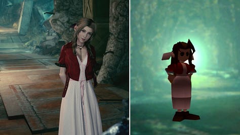 Comparison between Aerith's mannerism and behaviour at the beginning of Remake's chapter 9 and Cloud's dream in the original.