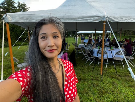 Collection of images of Asian woman selfies at outdoor event