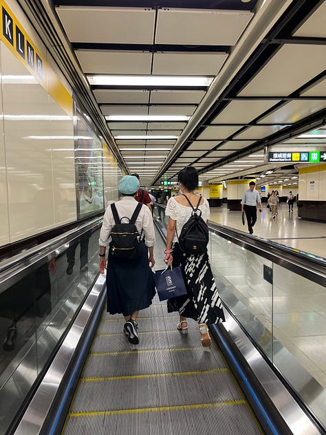 Lovely photos of commuting. My grandma walking with her friend with matching clothes, sunset outside the bus, and gorgeous scenery visible from the Airport Express