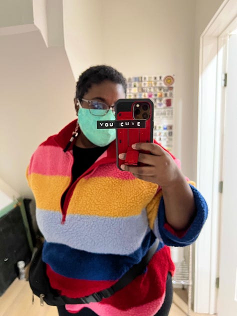 A selfie of the artist, a Black woman with glasses and short curly hair. A sticker on the mirror says "YOU CUTE". She wears a green mask and a rainbow sweatshirt. The second photo are freshly fired good ring holders and two pinch bowls. The last photo is the backpack of books and blankets I took to sleep at the hospital.