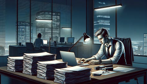 A detailed digital painting of an Overachiever in a corporate office, dressed in a simple but professional outfit, exhausted and working late, stacks of papers and a laptop in front of them. Background is a dimly lit office with a view of the dark city outside, fluorescent lights casting a harsh glow. Created Using: digital art, sharp details, somber tones, realistic lighting, minimalist design, modern setting, dynamic composition, professional environment;  A detailed digital painting illustrating the aftermath of the confrontation in a corporate office. The Narcissist, looking triumphant, is seen in the background while the Overachiever, now slumped over a desk, appears defeated. Background includes a messy office with scattered papers, dim lighting emphasizing the somber mood. Created Using: digital art, dramatic contrast, emotional expressions, realistic lighting, detailed textures, modern setting, evocative composition, professional environment;  A detailed digital painting of an Overachiever practicing yoga in a serene beach setting, wearing comfortable clothing, performing a tree pose at sunrise. Background includes a calm ocean and a pastel sky, soft waves lapping at the shore. In the distance, a Narcissist is posing for photos, dressed stylishly. Created Using: digital art, warm tones, tranquil ambiance, natural lighting, detailed sand and water, peaceful composition, outdoor setting;