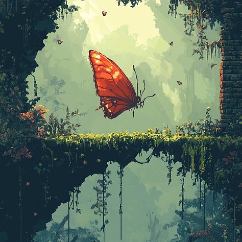 2D platformer, butterfly, transformer, villager