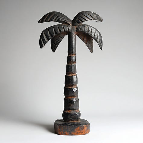 Baule figure of a gnome, palm tree, spaceship in Midjourney