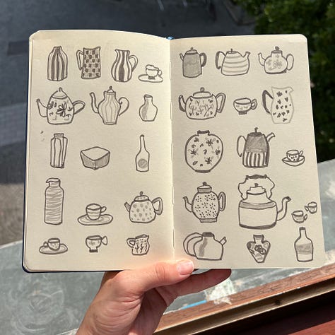 Sketchbook spreads with sketches of mugs, jugs and teapots. Still life compositions.