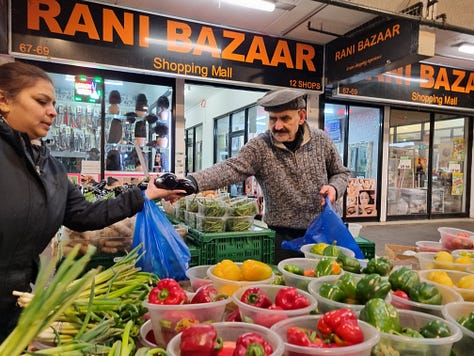 Queens Market fruit and vegetable stalls, East London
