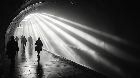 A group of people in a dark tunnel, backlit by a bright light at the tunnel's end, creating long and dramatic shadows