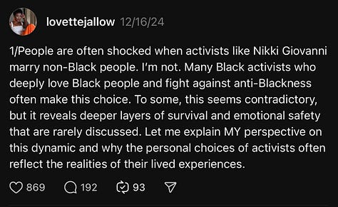 A visual thread by Lovette Jallow exploring why many Black activists, including Nikki Giovanni, have chosen non-Black partners for emotional survival. The thread discusses the unseen burdens of activism, internal community harm, Nikki Giovanni’s conversation with James Baldwin, and the ongoing pursuit of Black love rooted in healing. The final image honors Nikki Giovanni and her partner, celebrating survival, love, and resistance.