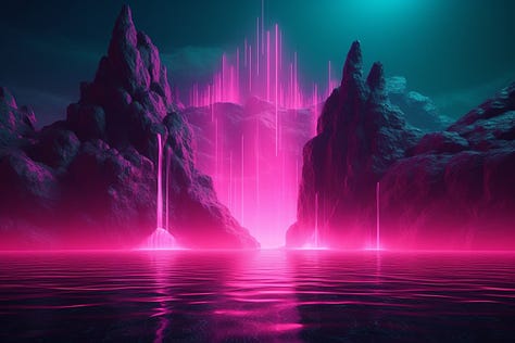 A shimmering lake made of binary data, surreal illuminating waterfall in the style of synthwave, cryptopunk, highly detailed, volumetric, 3D, 8k