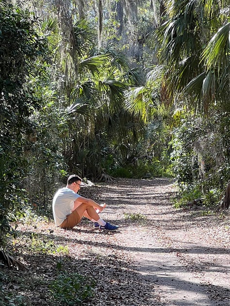 Images showing a Florida forest with Spanish moss growing on the trees, and an oil painter capturing the scene of light and shadow falling on the hiking path. 
