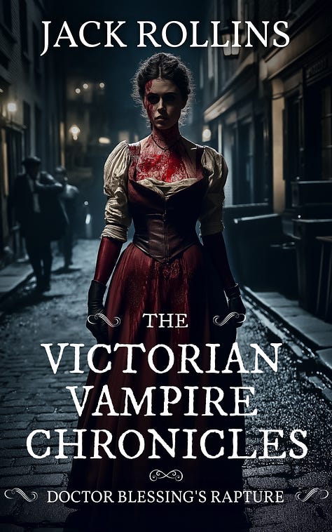Cover art for Jack Rollins' books includes: the Victorian Vampire Chronicles stories: Tender Morsels - a vampire with a bloody mouth, Doctor Blessing's Curse - an indistinct creature with humanoid features, Doctor Blessing's Rapture, a handsome face with golden eyes, A Christmas Blessing - a veiny human face with skeletal features, and the covers for Jack's non vampire books: The Seance - a skull, candle, and dagger, Tread Gently Amidst the Barrows - a shaft of light in a cavern illuminates a monstrous troll creature, Dead Shore - a zombie emerging from the sea, Hard Man - a blood-splattered brick alley with a hooded figure standing under a streetlamp, Scattered Ashes - a cracked skull emerging from rolling clouds of ashes