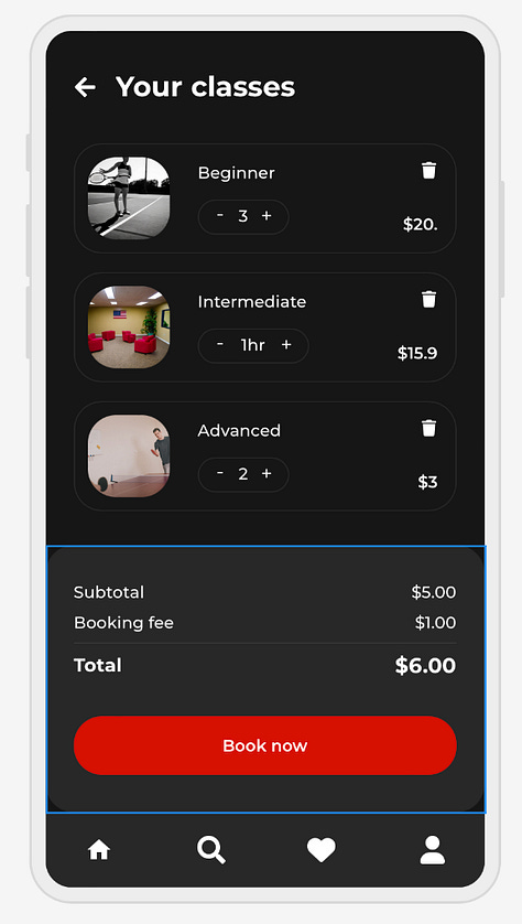 Interface prototypes for a gym app that allows users to select Pickleball classes; generated by Uizard.io