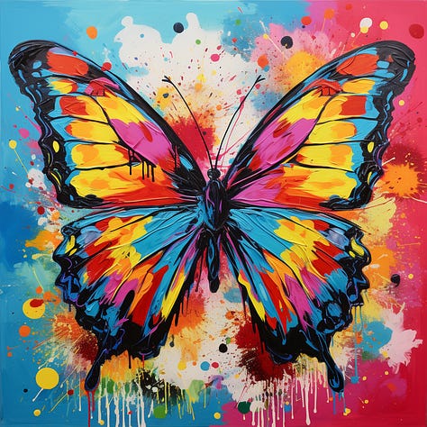 Butterfly, bonfire, watering can pop art in Midjourney