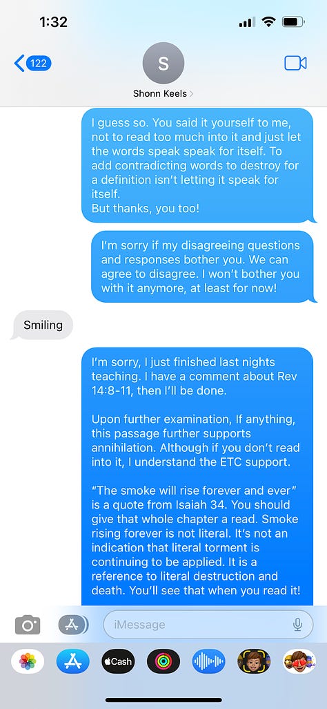 Screenshots of text messages between Dr. Shonn Keels and Brennen Mahaffey