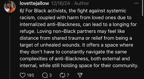 A visual thread by Lovette Jallow exploring why many Black activists, including Nikki Giovanni, have chosen non-Black partners for emotional survival. The thread discusses the unseen burdens of activism, internal community harm, Nikki Giovanni’s conversation with James Baldwin, and the ongoing pursuit of Black love rooted in healing. The final image honors Nikki Giovanni and her partner, celebrating survival, love, and resistance.