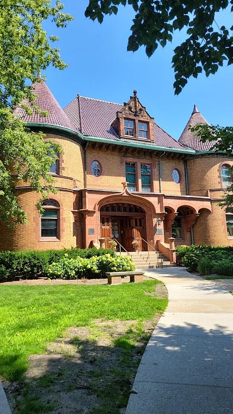 Three images of the exterior and interior of the Evanston History Center, a chateauesque residence formerly owned by U.S. Vice President Charles Gates Dawes.