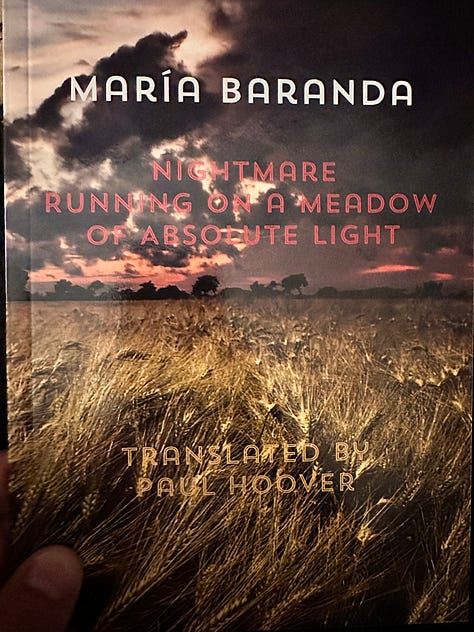 The cover of María Baranda's Nightmare Running on a Meadow of Absolute Light followed by the first five pages of her poem "To Hell," which starts with the lines, "A cry."