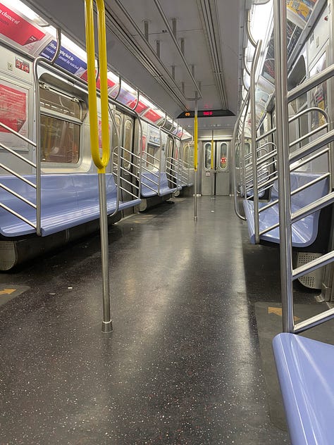 empty subway car, Joshua on empty car, empty platform at 57th Street F train station