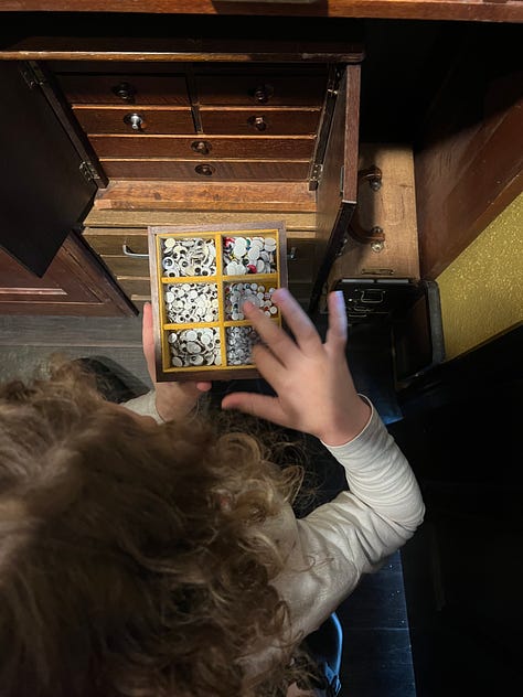 A child looking at a drawer of googly eyes; a drawer full of tiny flocked pine trees and old patches, a hand holding a string of purple vintage sequins.