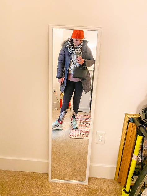 Selfie photo of woman with her apartment in the background; photo from a coach of a desk and window, mirror selfie of a woman in sweats, mirror selfie of a woman in sweats, photo of a Zoom Thanksgiving party, selfie of woman in winter clothes, selfie photo of woman in snowy landscape, photo of icicles from a car rearview window, mirror selfie photo of a woman in winter clothes